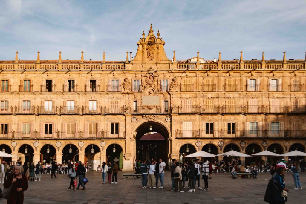 View of Plaza Mayor in Salamanca, Spain head on during sunset