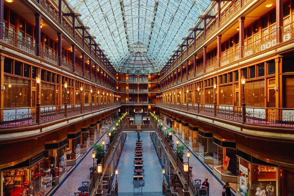 Cleveland historic building called The Arcade in downtown which is home to a number of restaurants and shops and a Hyatt hotel. 