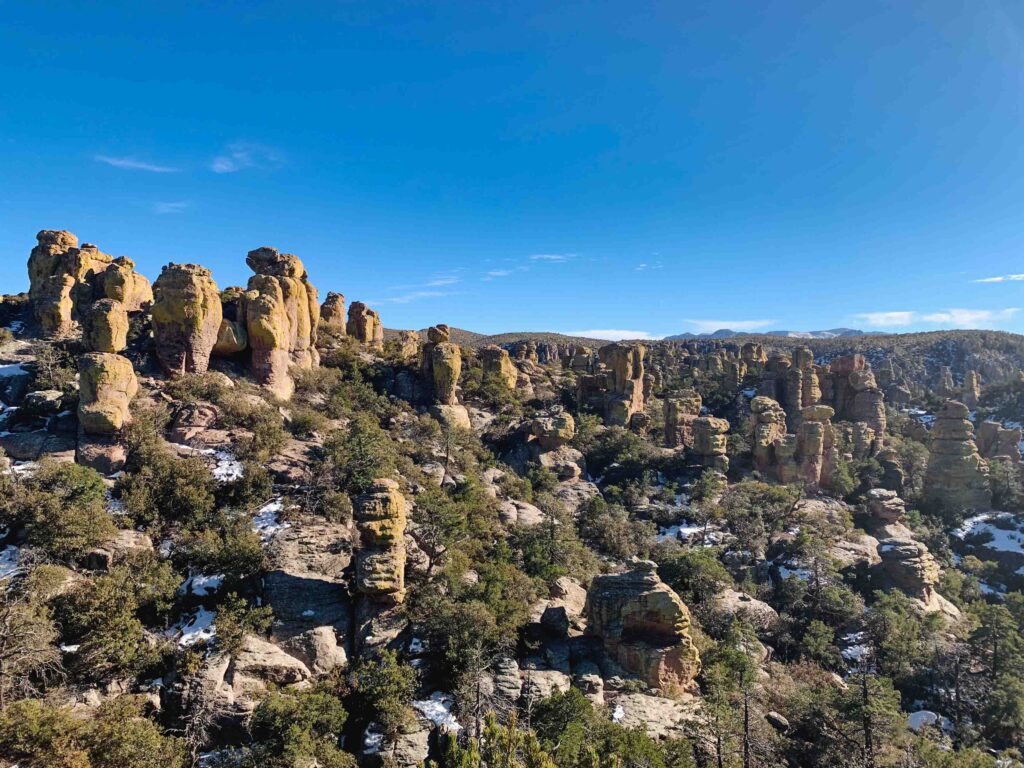 View of hoodoo rock formations in Chiricahua National Monument near Willcox, Arizona