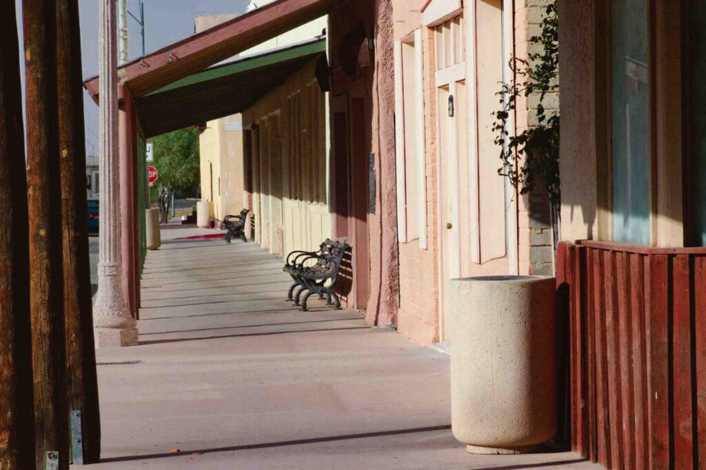 Main street in Florence, Arizona with western beige buildings